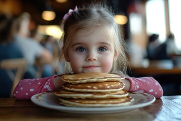 Little girl leaning on a stack of pancakes in a restaurant