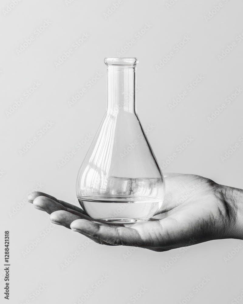 Aufkleber minimalist glass flask with reflective surface in raised hand - modern lab aesthetic for innovative 