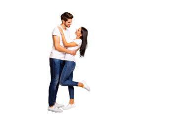 Full body photo of amazing pair slow dancing at prom night party looking eyes wear casual outfit isolated yellow color background