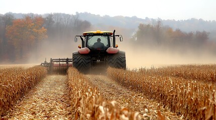 Fototapeta premium A farmer driving a tractor through a cornfield during harvest season