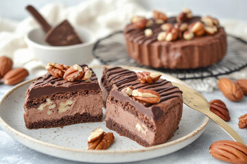 Delicious nut brownie portions served on a plate with nuts and a cake in the background