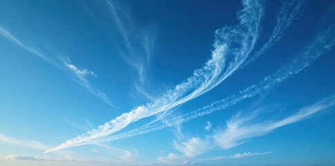 Intricate web of contrails across a vibrant blue sky, abstract shapes, graphic element, natural formations
