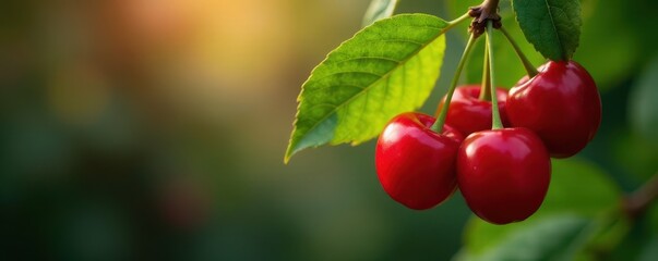 Obraz premium Luscious red cherries, glistening, plump, fresh leaves , close-up cherry, glossy, vibrant