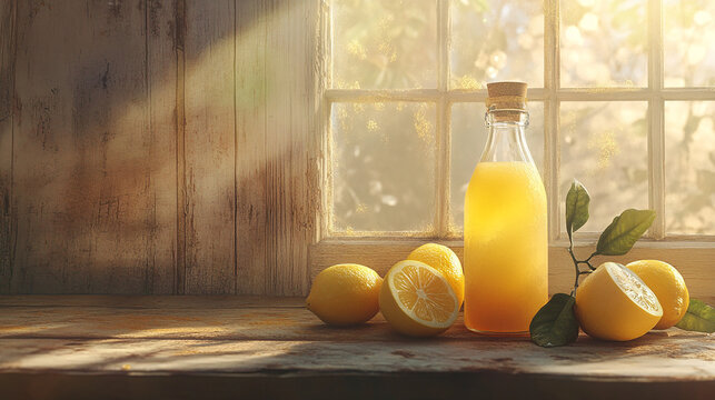 A bottle of homemade lemon juice with fresh lemons - Powered by Adobe