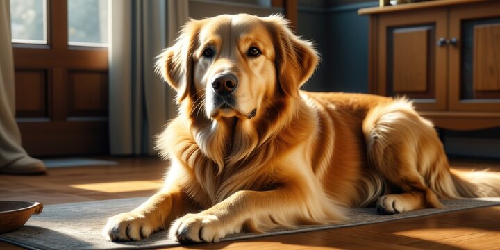 Golden retriever relaxing indoors on a sunny day with beautiful lighting