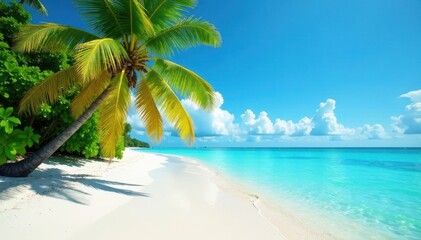 Lush palms, turquoise water, white sand beach, green, lush, palm trees