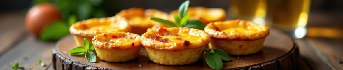 Mini quiches arranged on a rustic platter, sparkling cider in glasses , holiday, new year, sparkling