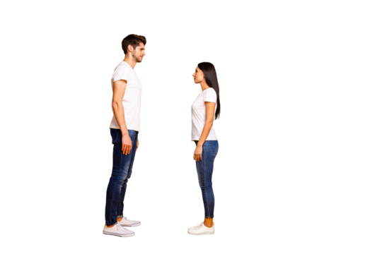 Full body profile photo of pair lady and guy looking eyes wait who begin conversation wear casual outfit isolated yellow color background