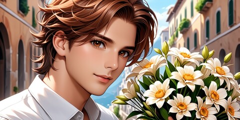 Naklejka premium Handsome young man with daisies standing on a sunny street