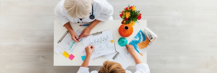 Fototapeta premium Nordic Minimalist Medical Consultation Healthcare Graphs on White Desk With Floral Decor - Senior Patient Wellbeing and Retirement Planning Services