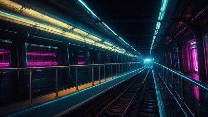 Fototapeta premium Futuristic neon tunnel with glowing train tracks and vibrant lights in an urban subway environment at night Background