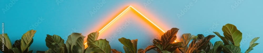 Poster neon geometry and botanicals triangular light art amidst tropical plants - modern aesthetic for crea