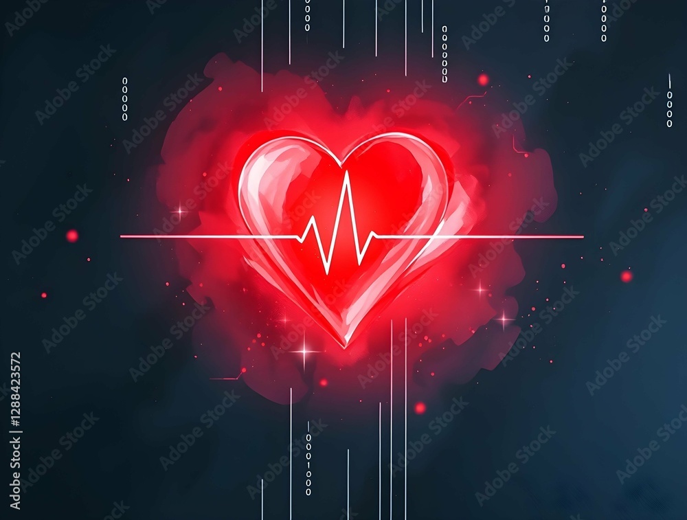 Poster a glowing red heart with a vibrant ekg line, surrounded by circuit board patterns, symbolizes techno
