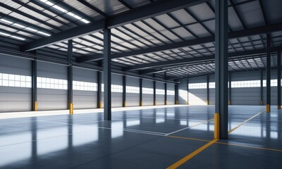 Obraz premium Modern industrial warehouse interior with polished floors and sunlit windows