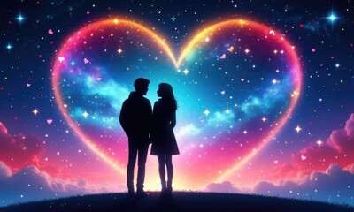 Fototapeta premium Romantic couple silhouetted against cosmic heartshaped sky filled with stars and vibrant colors