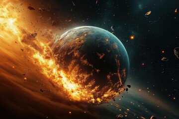 Fototapeta premium A meteorite crashes into planet Earth. Photo from space. Apocalypse, end of the world. Destruction of planet Earth