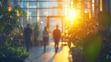 Silhouetted Figures Walking In A Modern Office Building At Sunset