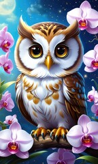 Enchanting owl amidst moonlit orchids in a magical nighttime garden