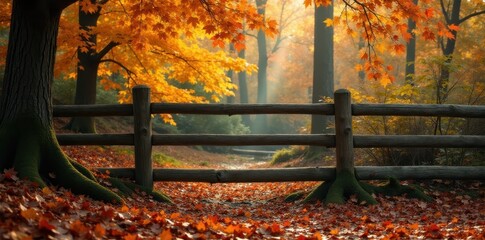 Rustic wooden fence, autumn leaves, forest backdrop, texture, forest