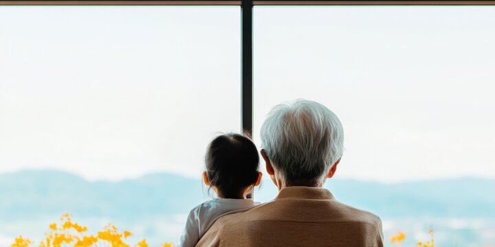 Warm Minimalist Family Scene Elderly and Child Embrace Near Sunlit Window with Indoor Greenery - Lifestyle for Emotional Connection and Home Wellness Campaigns