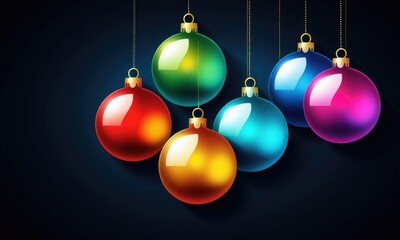 Colorful hanging christmas ornaments on dark background for holiday decor
