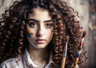 Fototapeta premium Creative expression teenage middle eastern girl with curly hair holding paintbrushes in an artistic studio setting