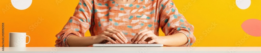 Poster Vibrant Digital Learning Setup Typing Hands on Sleek Keyboard with Modern Notebook and Coffee on Minimalist Desk Innovating E-Learning Environments for Remote Academic Success