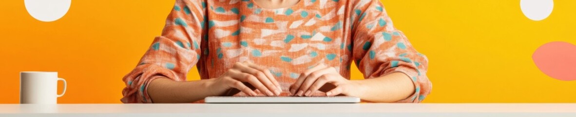 Obraz premium Vibrant Digital Learning Setup Typing Hands on Sleek Keyboard with Modern Notebook and Coffee on Minimalist Desk Innovating E-Learning Environments for Remote Academic Success