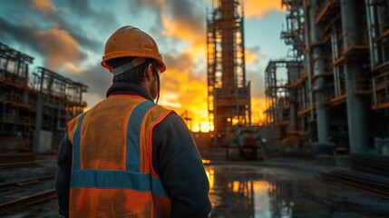 construction worker operating heavy machinery on industrial site under bright sky