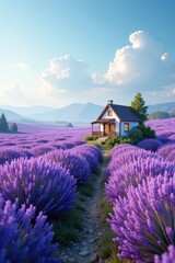 Small dwelling amidst a vast lavender expanse, panorama, stillness