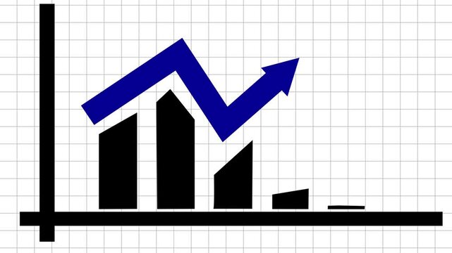 A business graph up to a down blue arrow with an animated black bar. Animation of a blue bar chart graph on a white background with a grid. Video footage