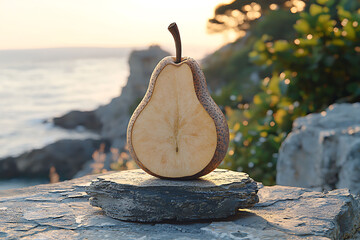 A halved pear rests on a slate stone, overlooking a tranquil ocean at sunset.  The image evokes themes of simplicity, serenity, and natural beauty.