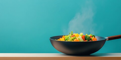 Contemporary Culinary Motion Vibrant Vegetable Stir-Fry in Carbon Steel Wok - Restaurant Marketing and Chef Skill Demonstration, Highlighting Dynamic Techniques and Fresh Ingredients