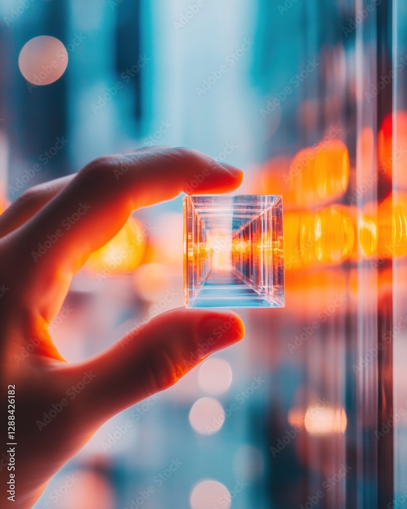 Poster digital aesthetic geometry hand holding a transparent cube at a futuristic pop-up with led display -