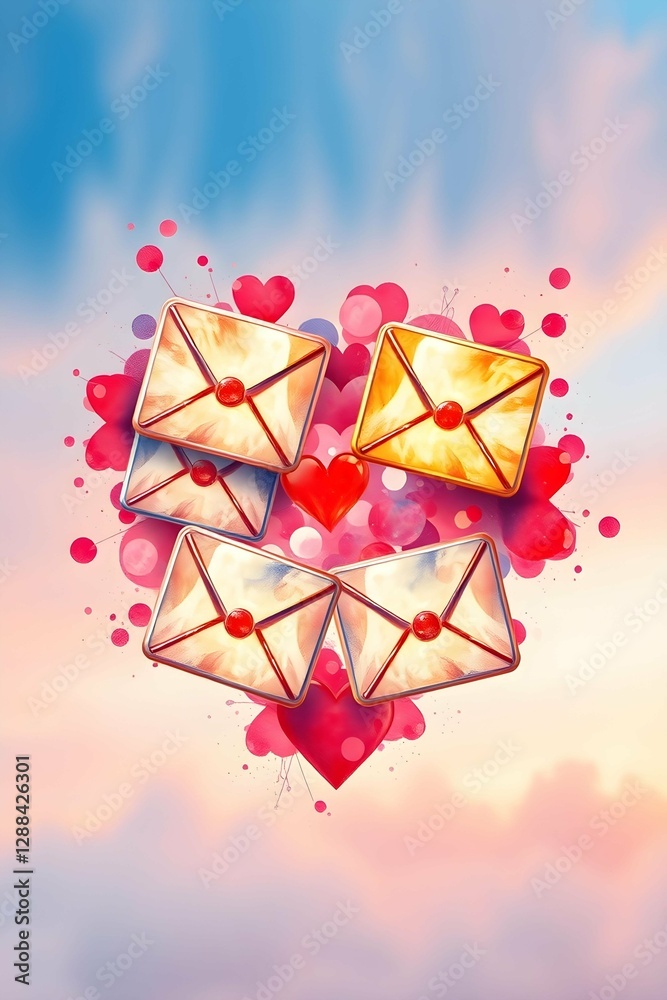 Poster four stylized envelopes form a heart shape amidst splashes of red hearts, set against a soft, dreamy