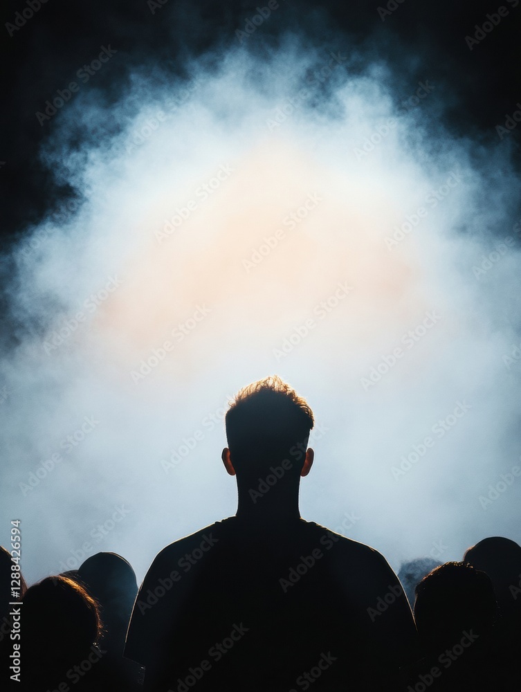 Poster dynamic entertainment display silhouetted audience engaged with luminous stage lighting and audio ge
