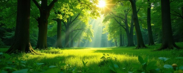 Obraz premium Sun-dappled square in lush green forest clearing, trees, environment