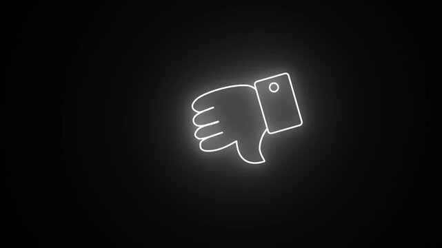 Glowing white neon social media dislike button symbol. Animated neon thumb down sign icon animation