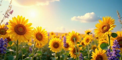 Fototapeta premium Sun-drenched sunflowers, lavender accents, soft texture, wallpaper, sunflowers, summer