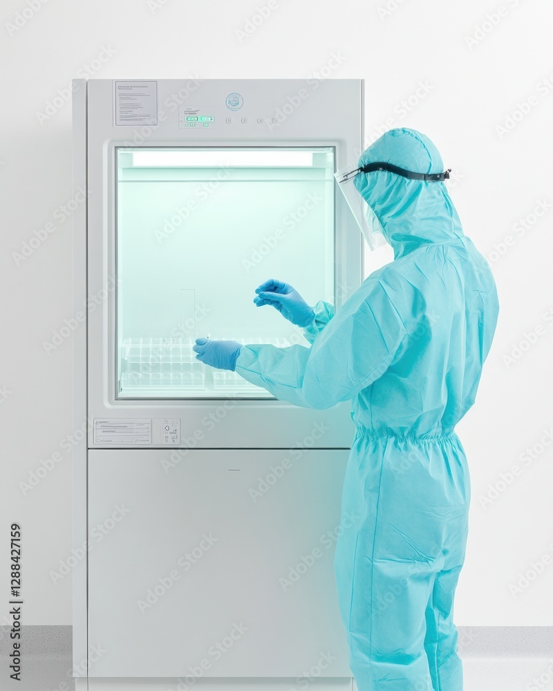 Poster minimalist clinical setup technician in teal ppe handling samples in sterile lab environment - preci