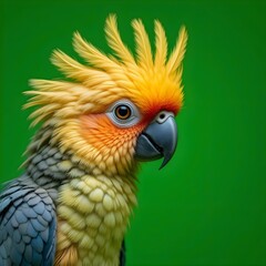 Fototapeta premium Close up view of young cockatoo. Vivid colors, detailed feathers visible. Bird charming features, in studio setting. Bright green background creates stark contrast. Perfect for nature pet shop