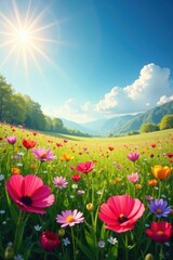 Obraz premium Sunlit field of diverse cosmos flowers in springtime , day, purple