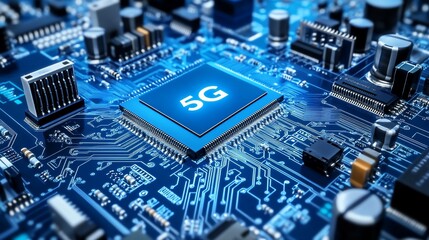 Fototapeta premium 5G chip on circuit board; tech background, future