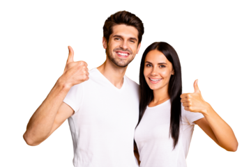 Photo of amazing pair raising thumbs up approving good quality product wear casual outfit isolated yellow color background