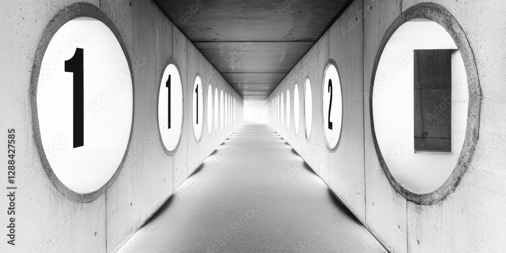Aufkleber contemporary numerical pathway symmetrical hallway with concrete textures and illuminated numbers - 