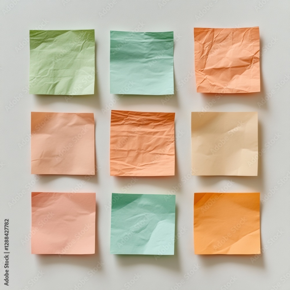 Leinwandbilder Minimalist Sticky Note Grid Vibrant Color Palette on Textured Wall for Creative Ideation in Modern Workspaces - Enhancing Collaborative Brainstorming