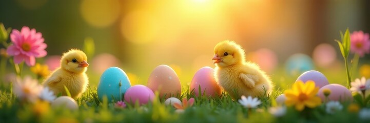Sunrise illuminates pastel eggs & fluffy chicks in a vibrant spring garden , flowers, wildlife