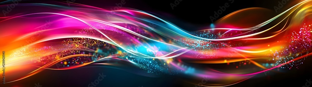 Poster Mesmerizing abstract background featuring vibrant colorful and dynamic swirls of glowing luminous digital fluid gradient waves that evoke a sense of cosmic energy and captivating visual interest