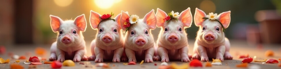 Fototapeta premium Tiny piglets in floral headbands, festive party scene, pig party, fun, rural