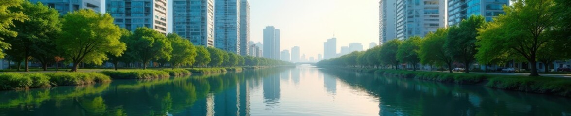Fototapeta premium Tranquil river reflecting towering glass buildings, vibrant greenery, green, cityscape, view